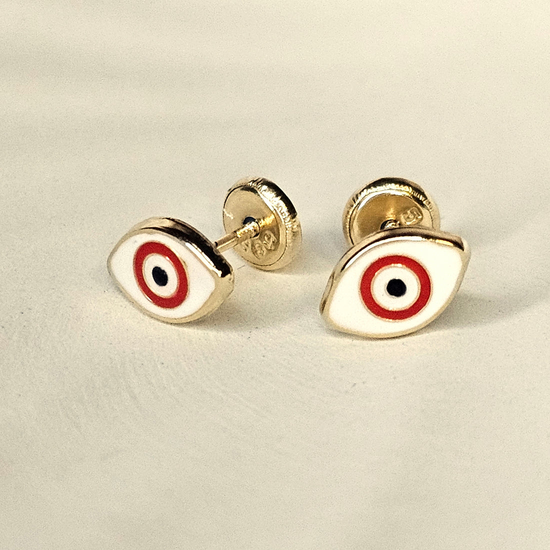 14K Solid Gold Red and White Evil Eye Enamel Ear Studs