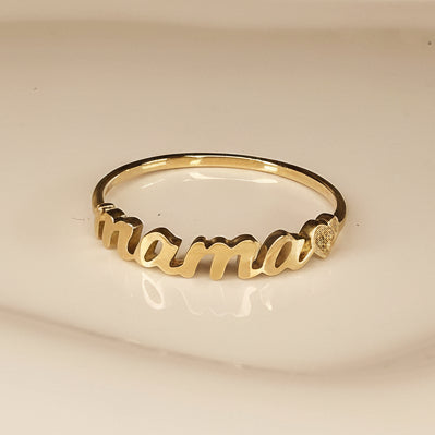 14K Solid Gold Diamond Heart Mama Ring