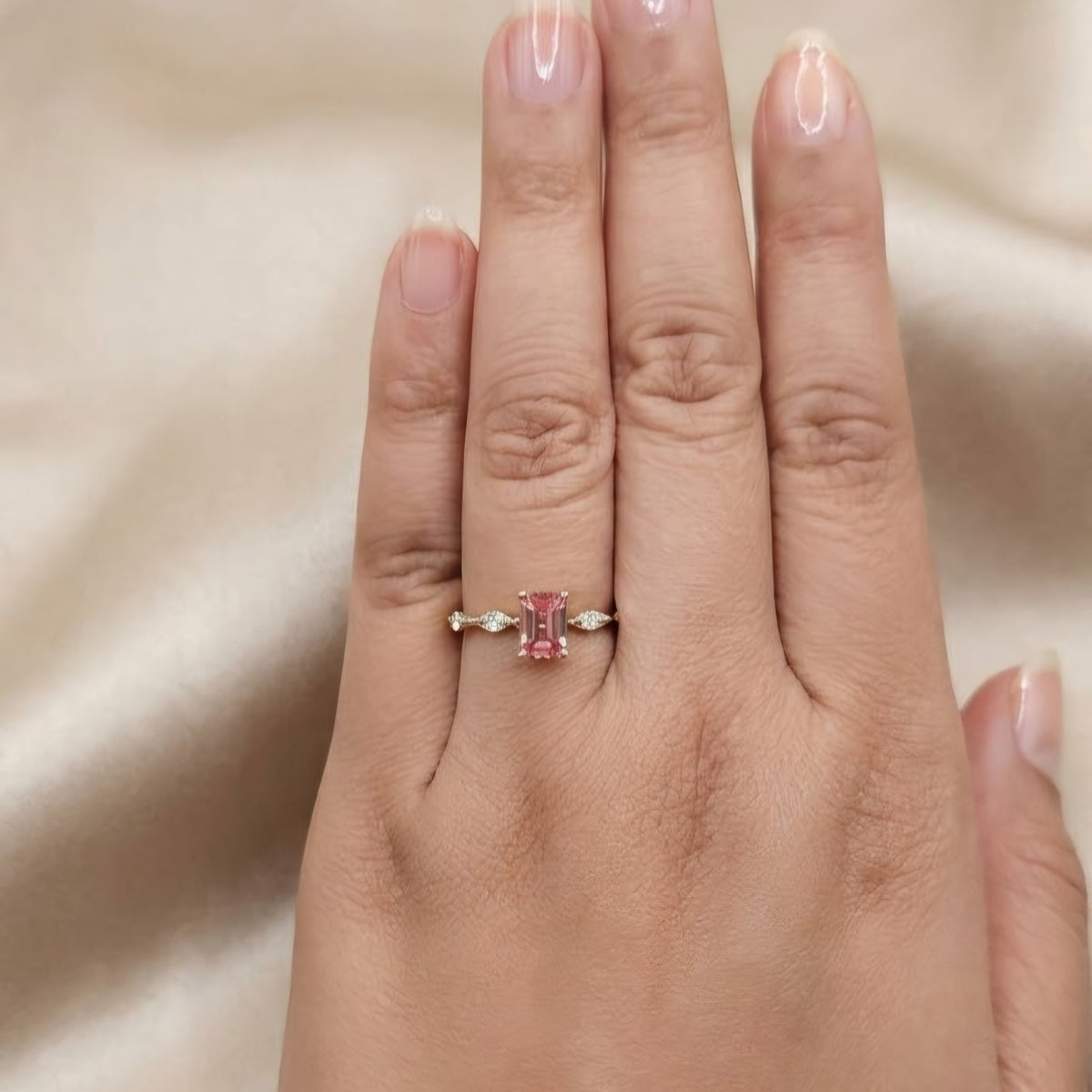 14K Solid Gold Ring with Padparadscha and Diamonds