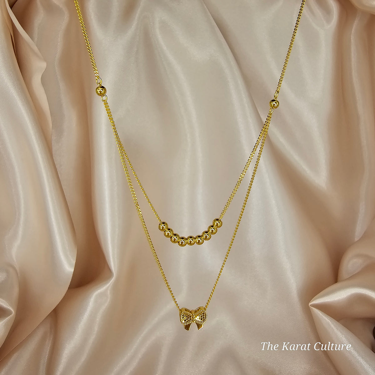 24K Solid Gold Layered Bow Necklace