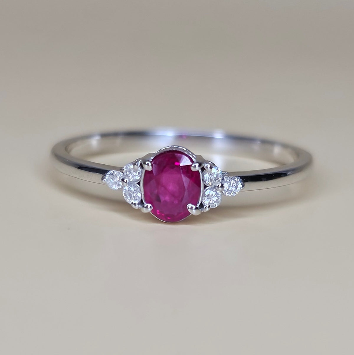 14K White Solid Gold Ring with Natural Ruby and Diamonds