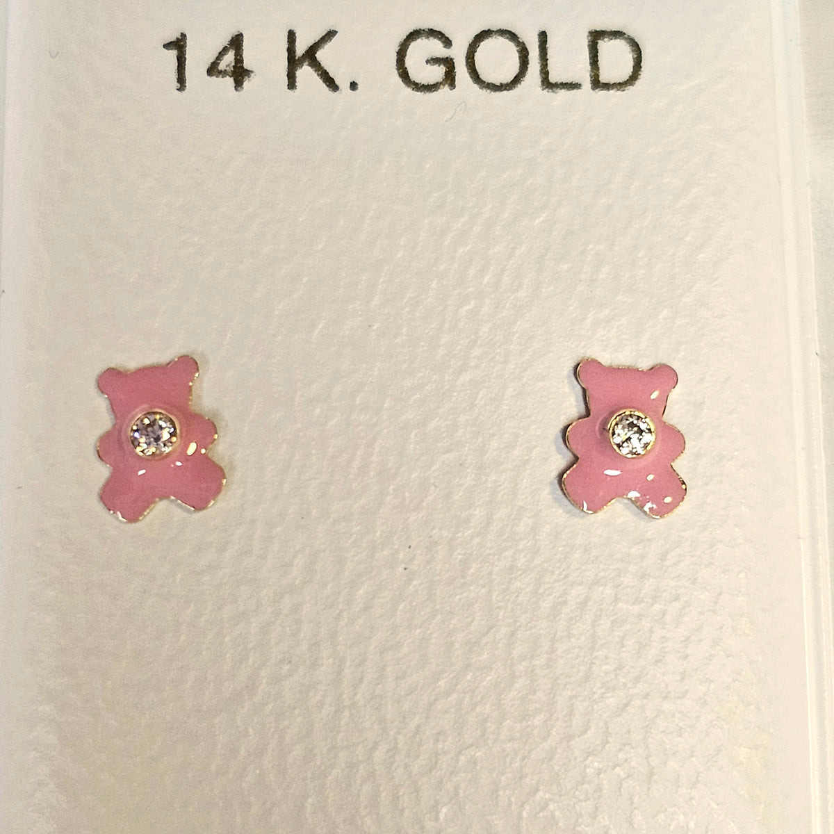 14K Solid Gold Pink Bear Enamel Ear Studs