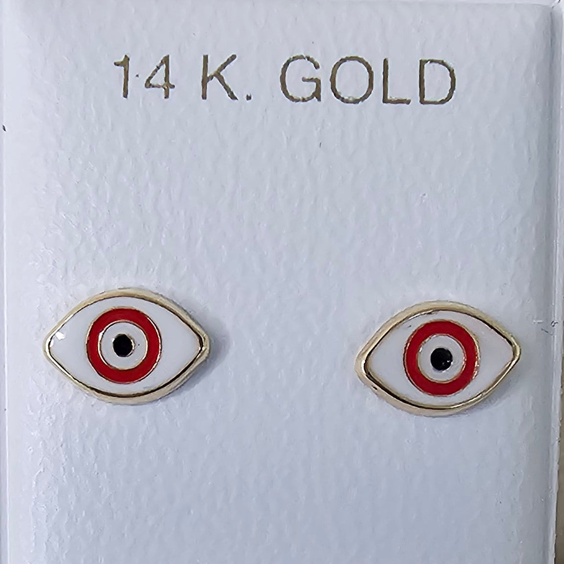 14K Solid Gold Red and White Evil Eye Enamel Ear Studs