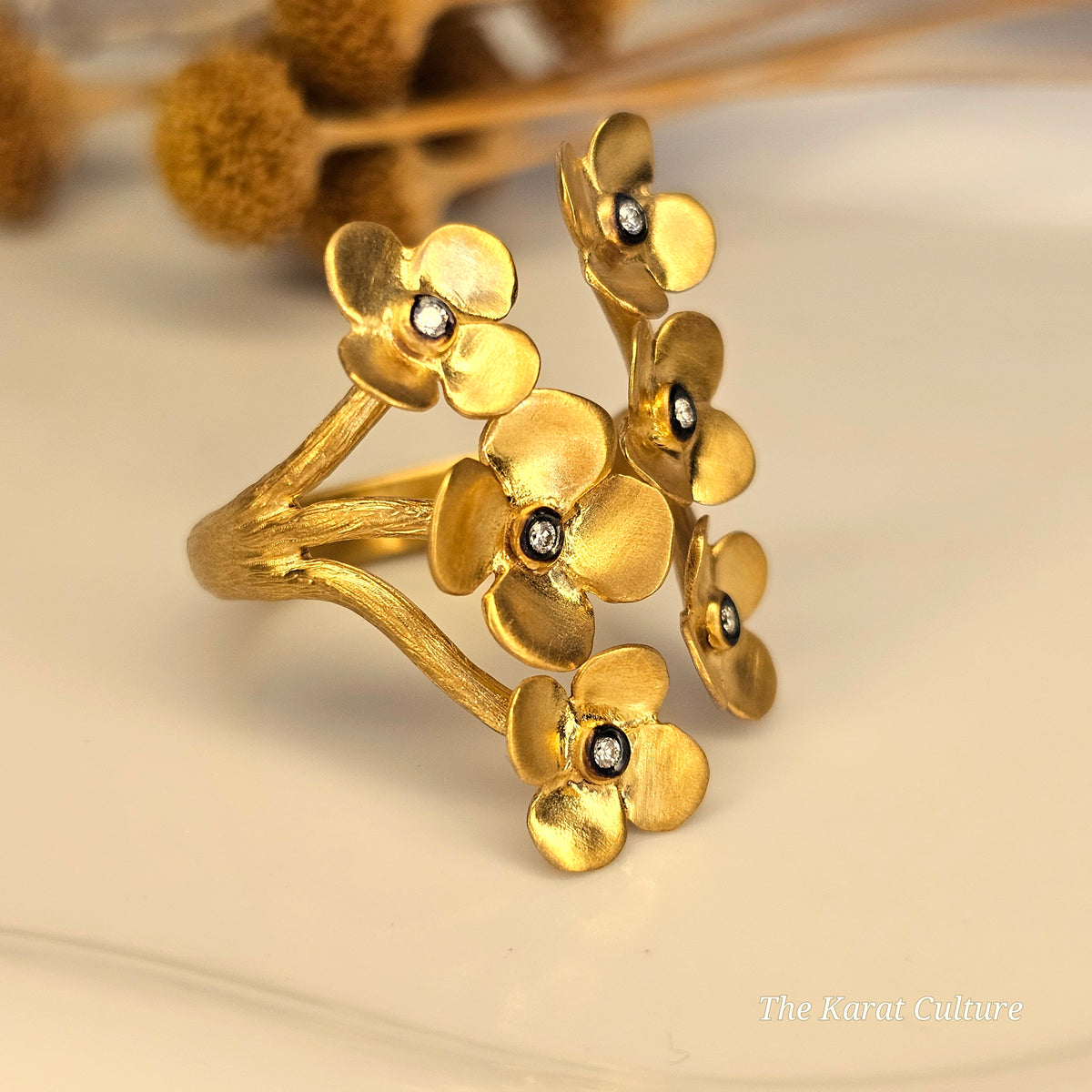14K Solid Gold Kurtulan Mystic Flower Ring with Diamonds