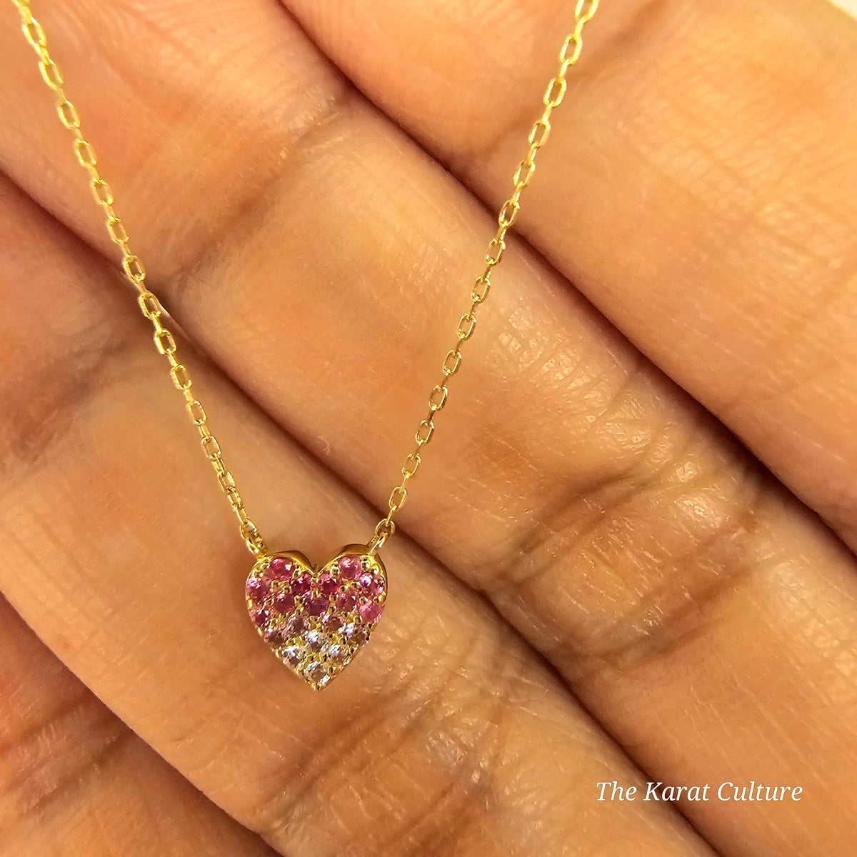 14K Solid Gold Pink Sapphire Heart Necklace