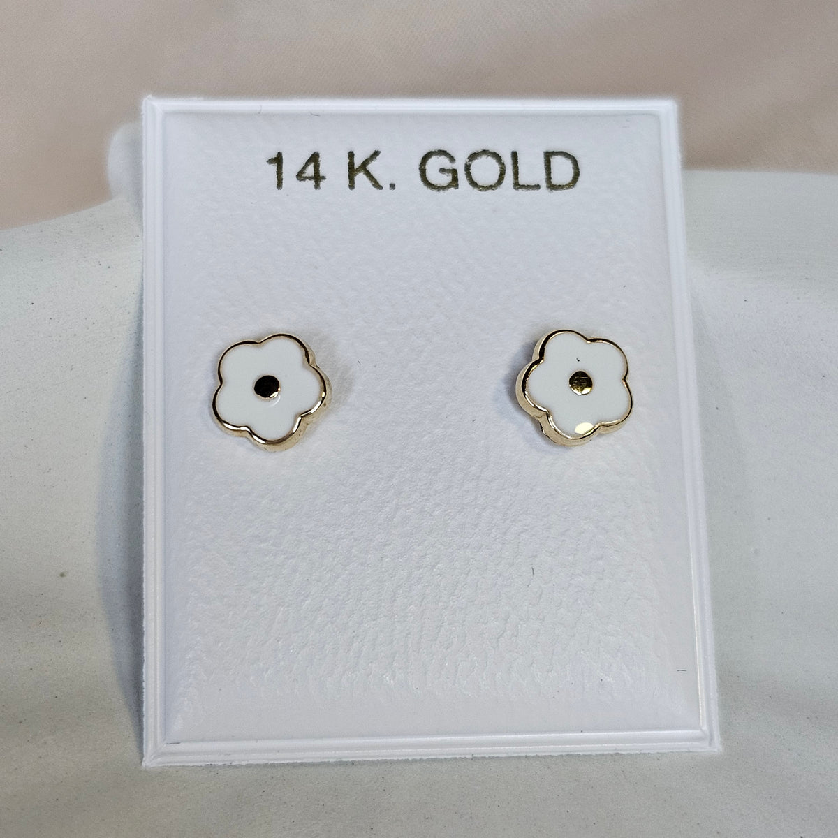 14K Solid Gold White Flower Enamel Ear Studs