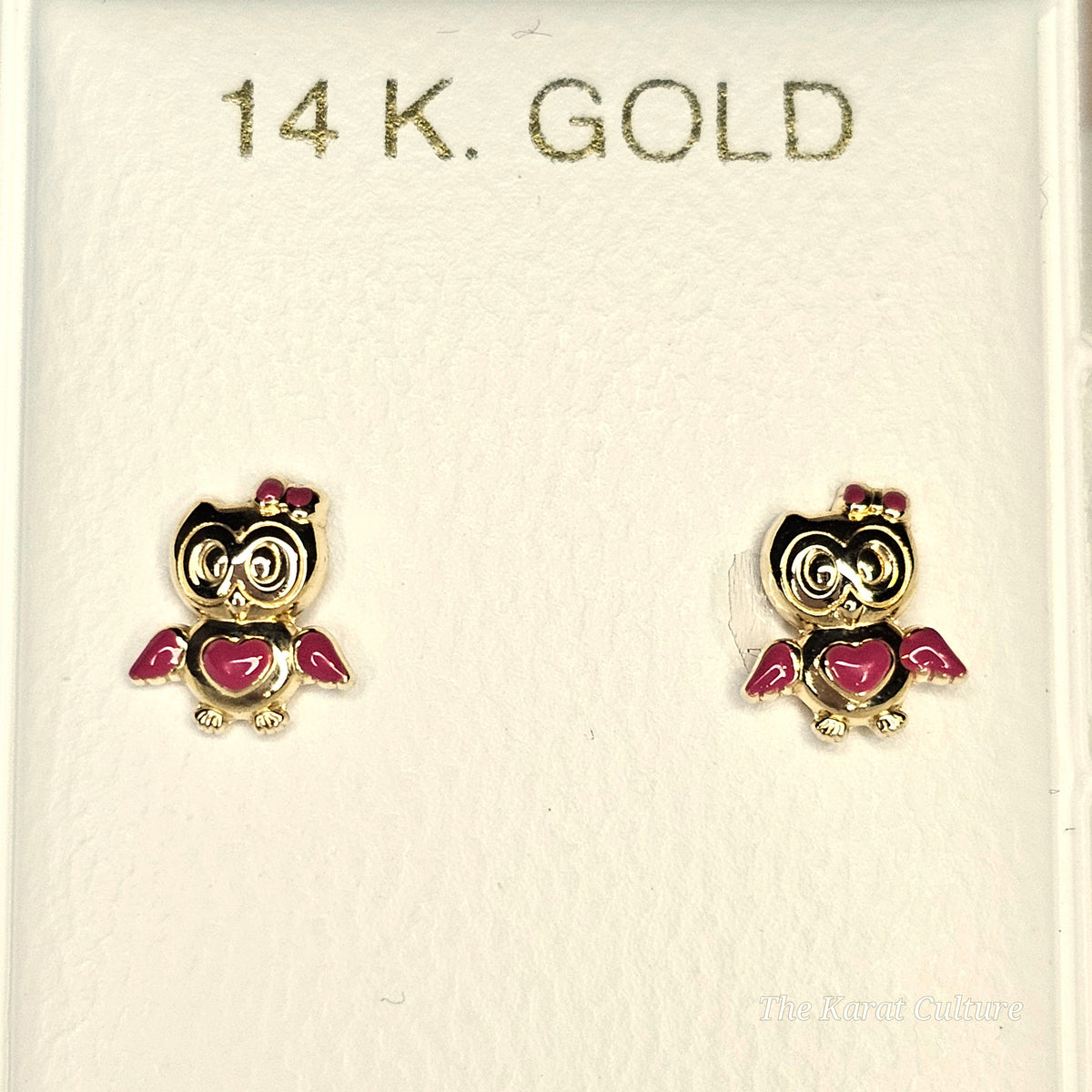 14K Solid Gold Red Owl Ear Studs