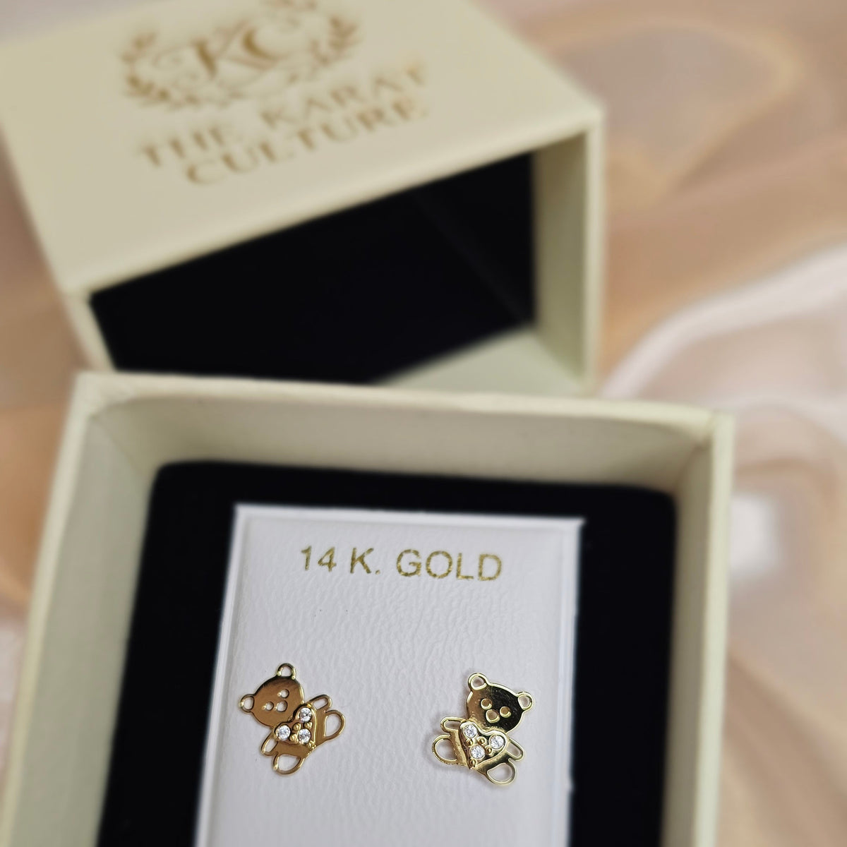 14K Solid Gold Teddy Bear Ear Studs with Cubic Zirconia
