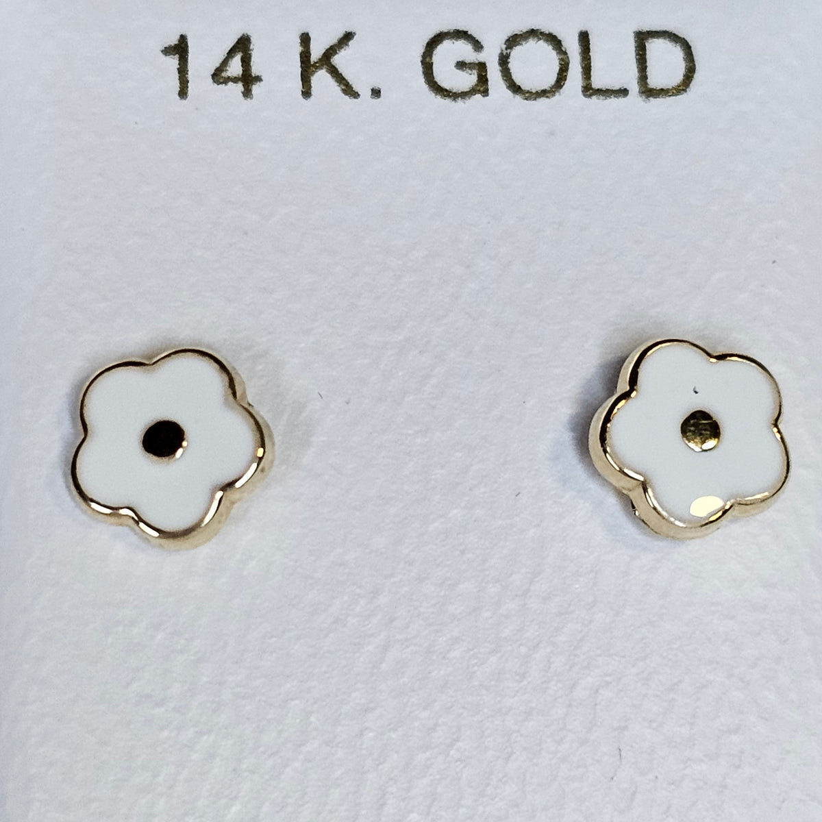 14K Solid Gold White Flower Enamel Ear Studs