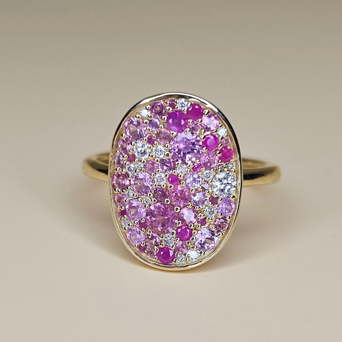 14K Solid Gold Ring with Natural Pink Sapphire, Pink Tourmalines and Lab-Grown Diamonds
