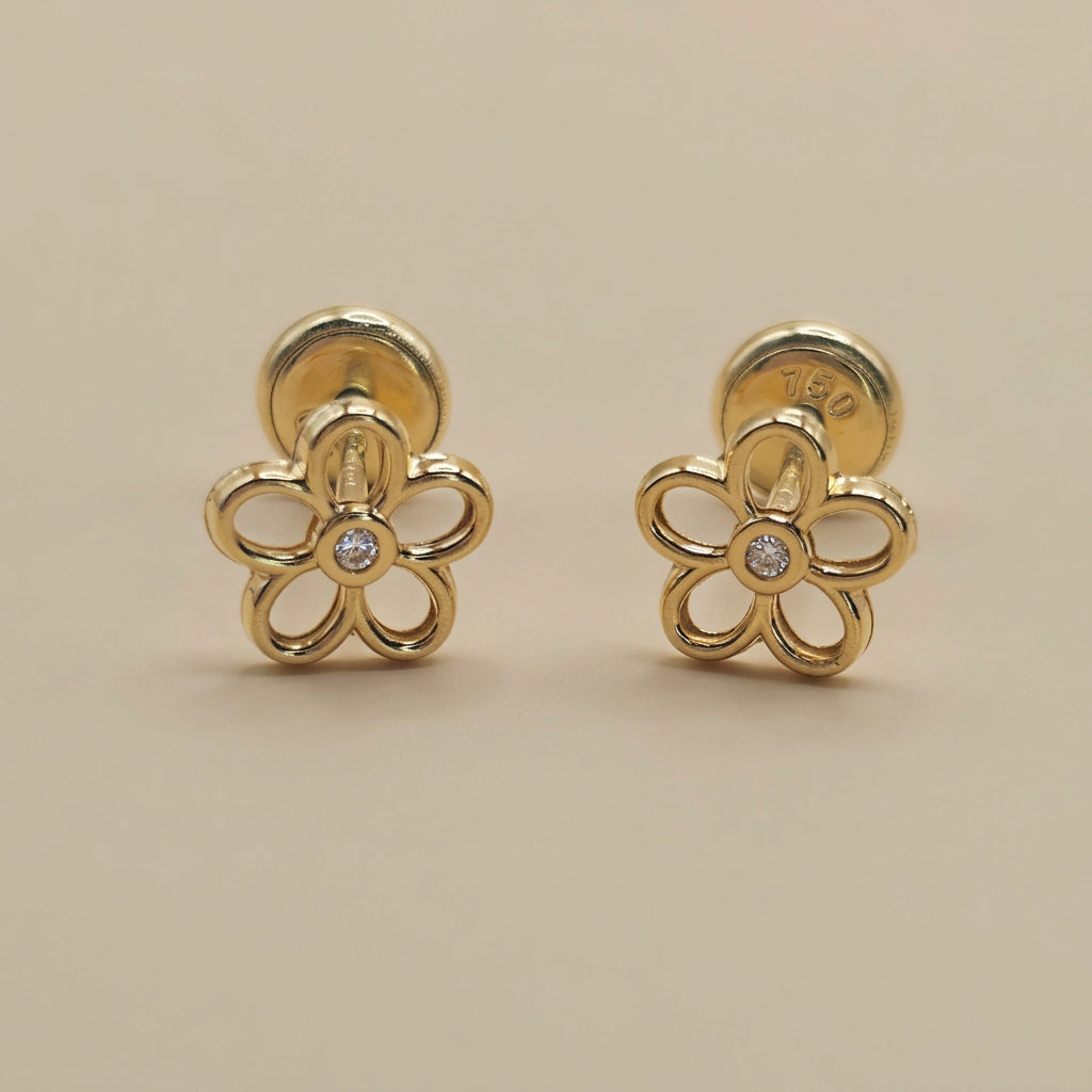 18K Solid Gold Flower Cubic Zirconia Ear Studs