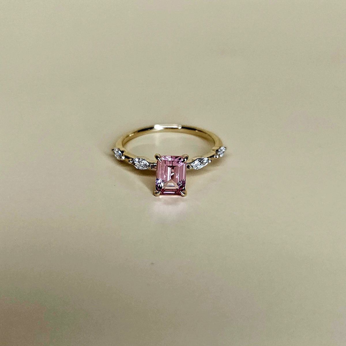 14K Solid Gold Ring with Padparadscha and Diamonds