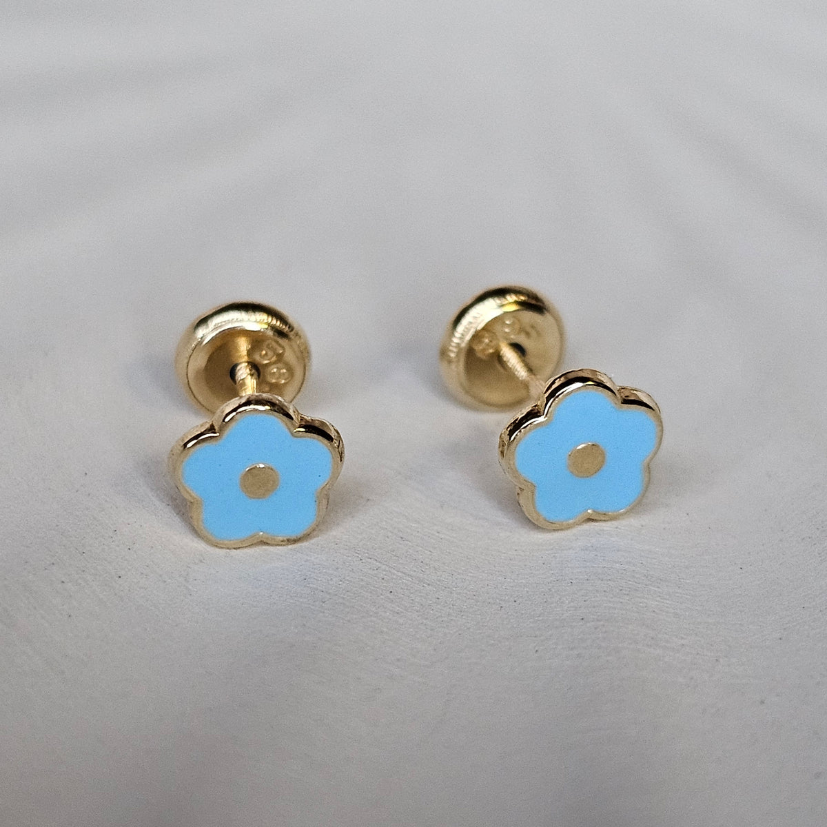 14K Solid Gold Blue Flower Enamel Ear Studs