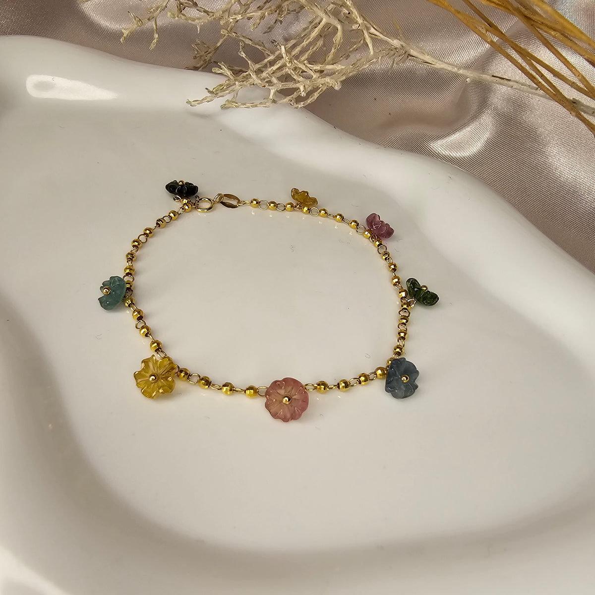 18K Solid Gold Bracelet with Multi-coloured Tourmaline Flowers