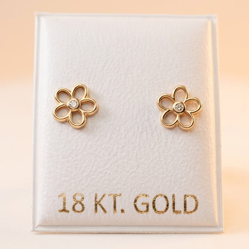 18K Solid Gold Flower Cubic Zirconia Ear Studs