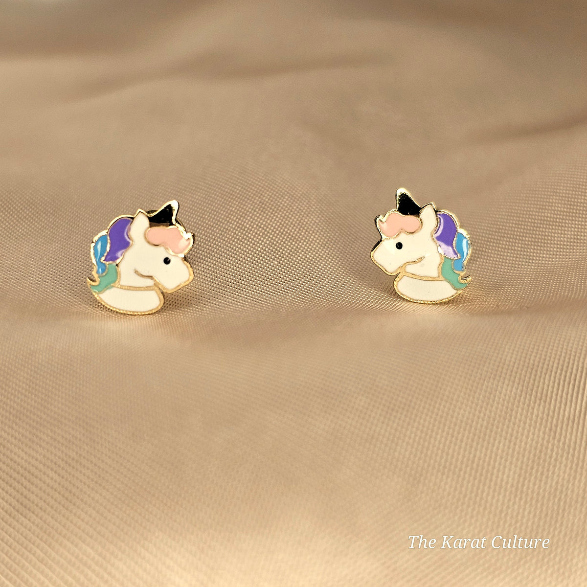 14K Solid Gold Unicorn Enamel Ear Studs