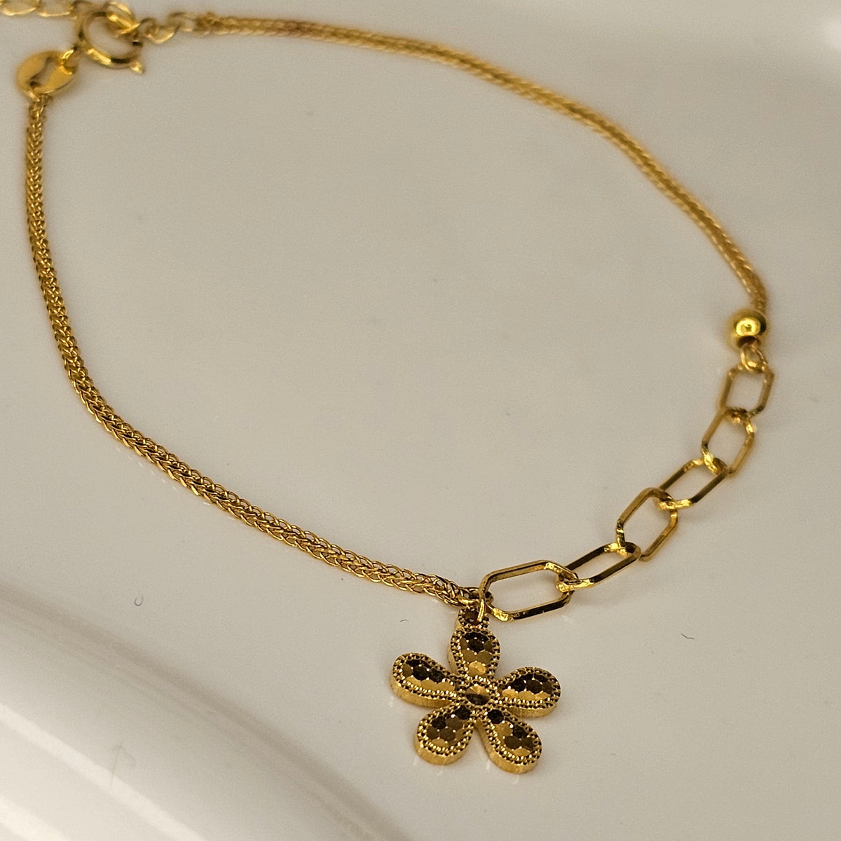 18K Solid Gold Flower Charm Bracelet