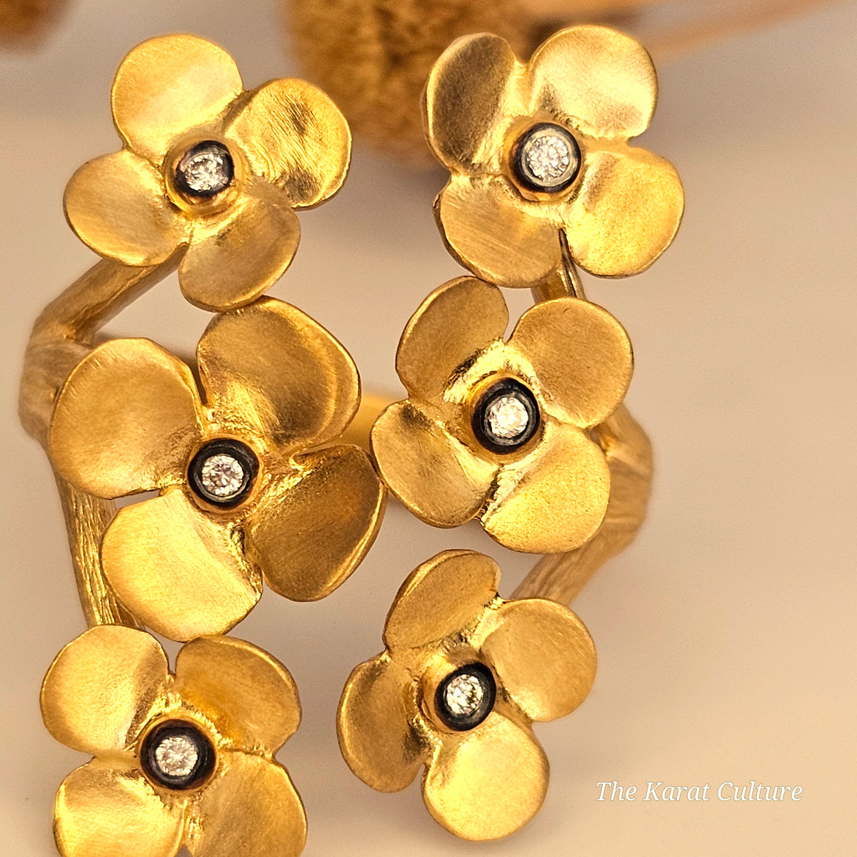 14K Solid Gold Kurtulan Mystic Flower Ring with Diamonds