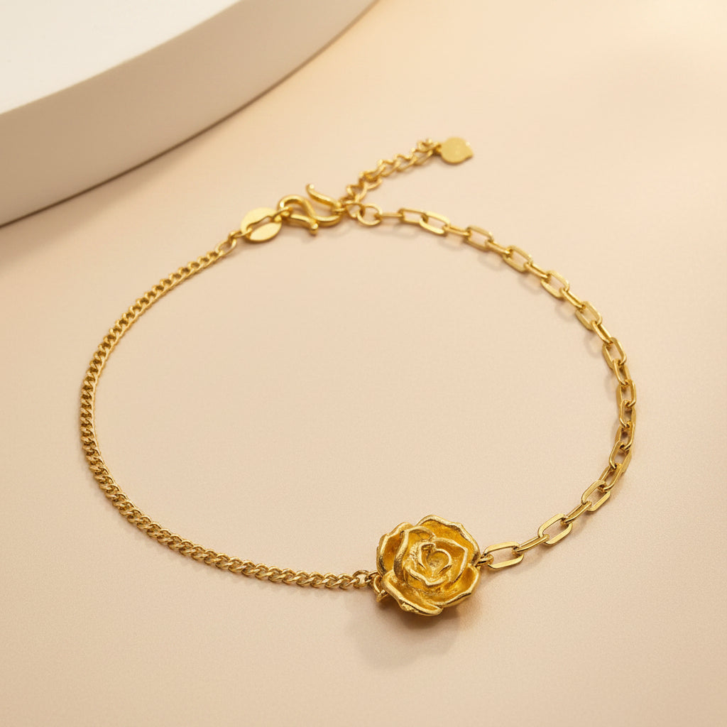 24K Solid Gold Single Rose Bracelet