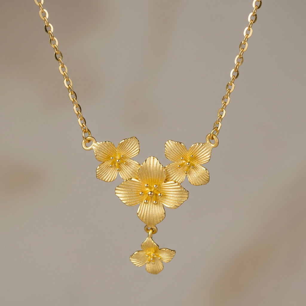 24K Solid Gold Four Cherry Blossoms Necklace