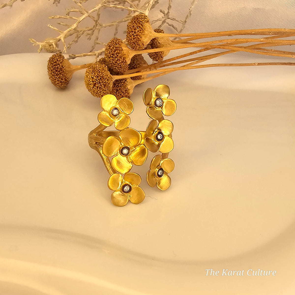 14K Solid Gold Kurtulan Mystic Flower Ring with Diamonds