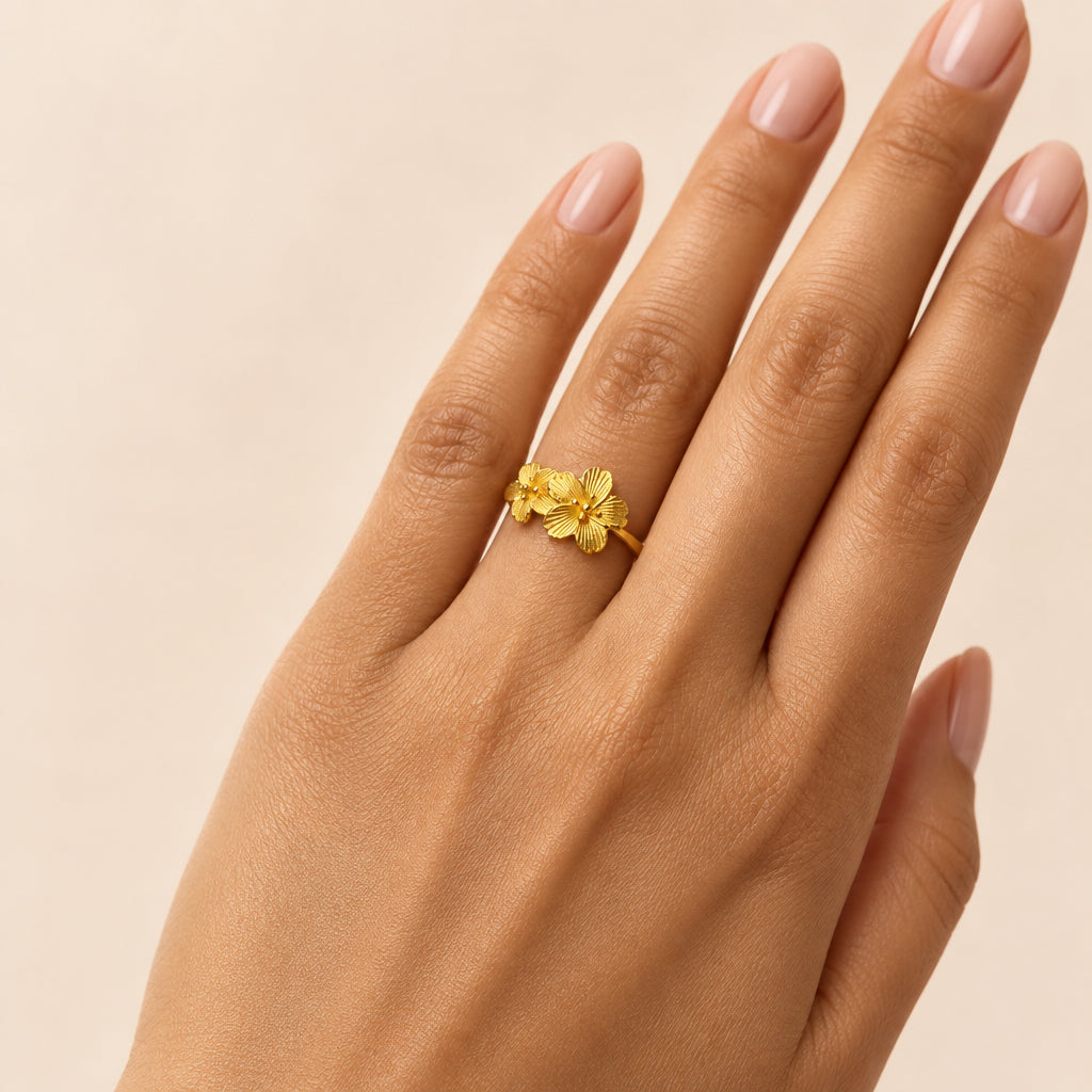 24K Solid Gold Double Flower Ring
