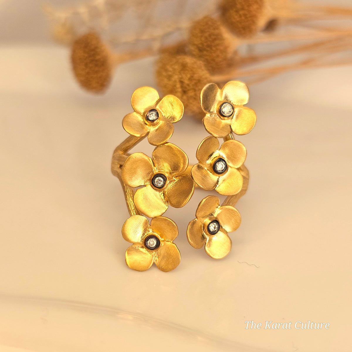 14K Solid Gold Kurtulan Mystic Flower Ring with Diamonds