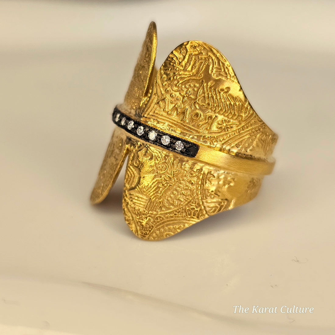 14K Solid Gold Kurtulan Byzantine Cuff Ring with Diamonds