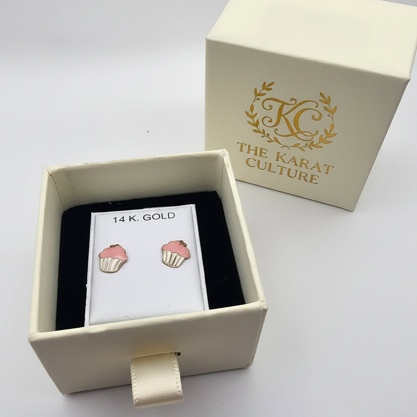 14K Solid Gold Cupcake Enamel Ear Studs