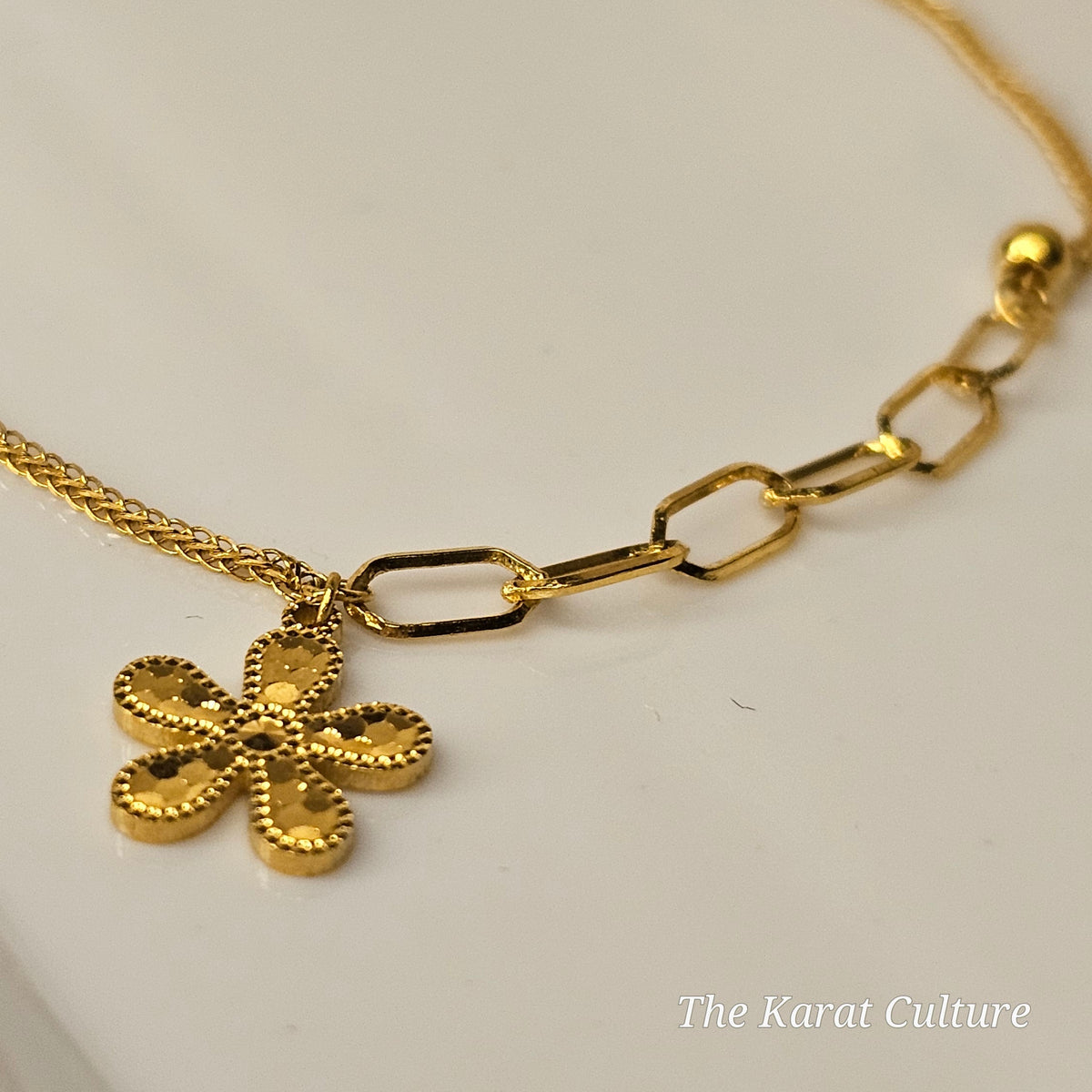 18K Solid Gold Flower Charm Bracelet