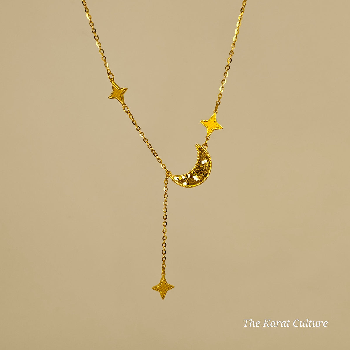 24K Solid Gold Moon & Star Necklace