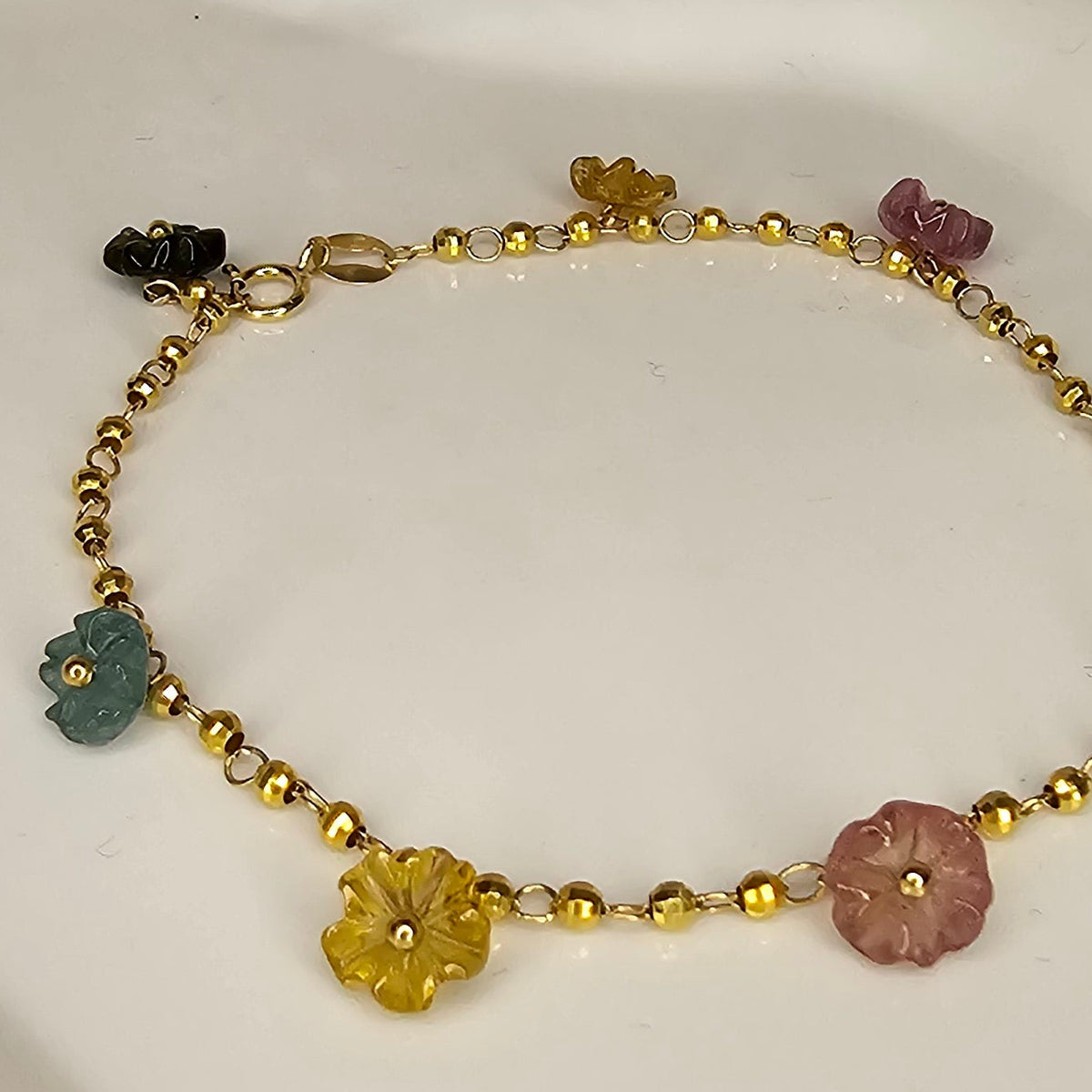 18K Solid Gold Bracelet with Multi-coloured Tourmaline Flowers