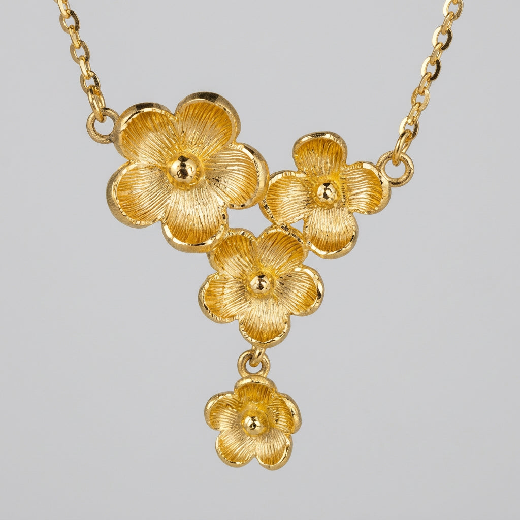 24K Solid Gold Four Plum Blossoms Necklace