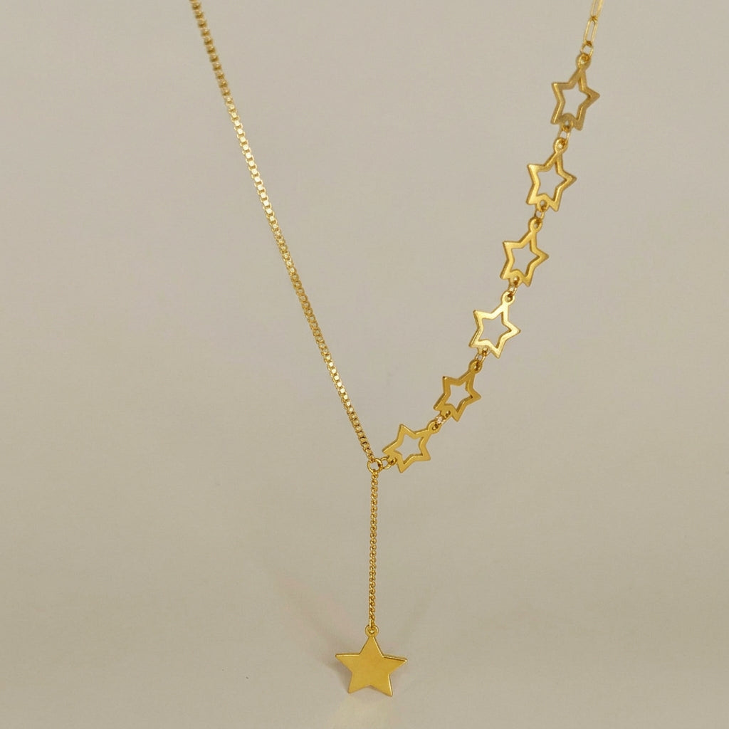 24K Solid Gold String of Stars Lariat Necklace