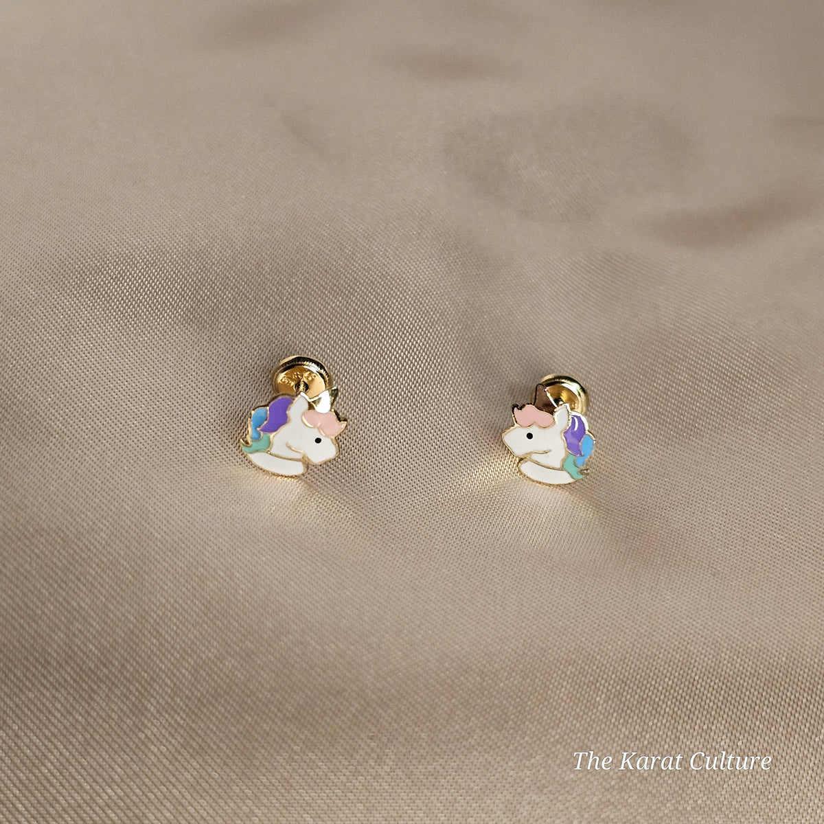 14K Solid Gold Unicorn Enamel Ear Studs