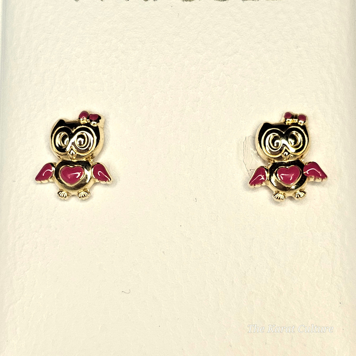 14K Solid Gold Red Owl Ear Studs