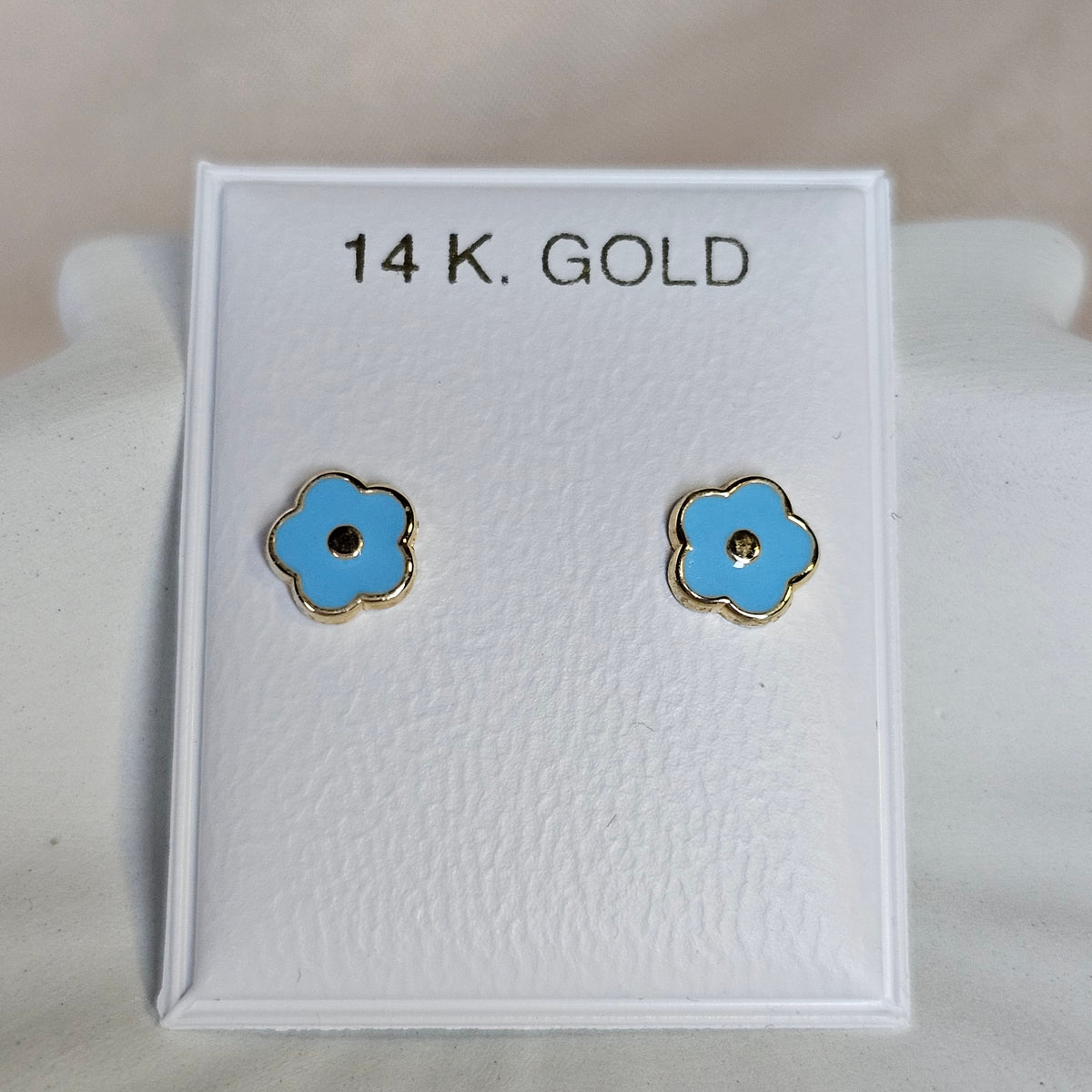 14K Solid Gold Blue Flower Enamel Ear Studs