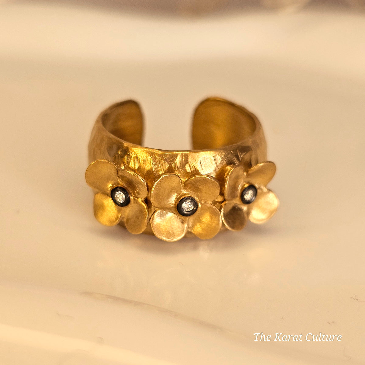 14K Solid Gold Kurtulan Bloom Cuff Ring with Diamonds