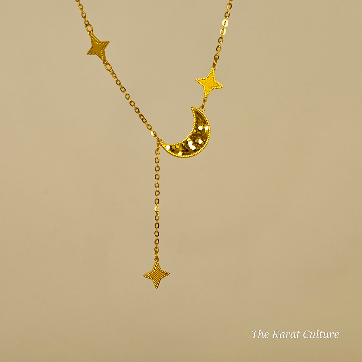24K Solid Gold Moon & Star Necklace