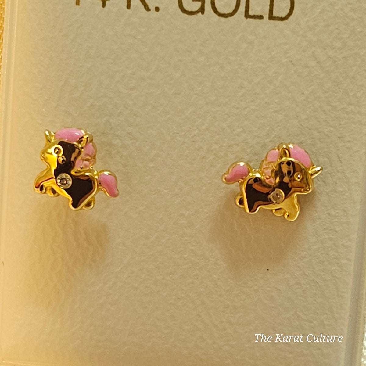 14K Solid Gold Tiny Unicorn Ear Studs with Cubic Zirconia