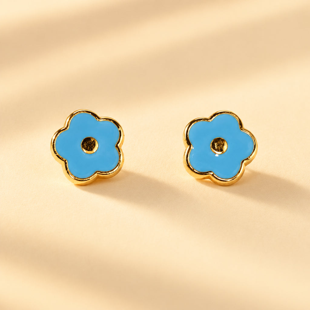 14K Solid Gold Blue Flower Enamel Ear Studs