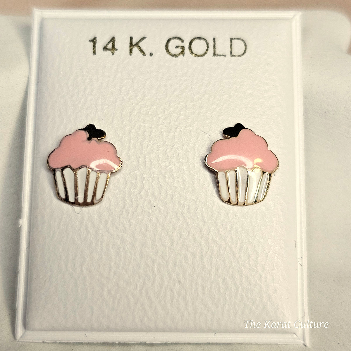 14K Solid Gold Cupcake Enamel Ear Studs