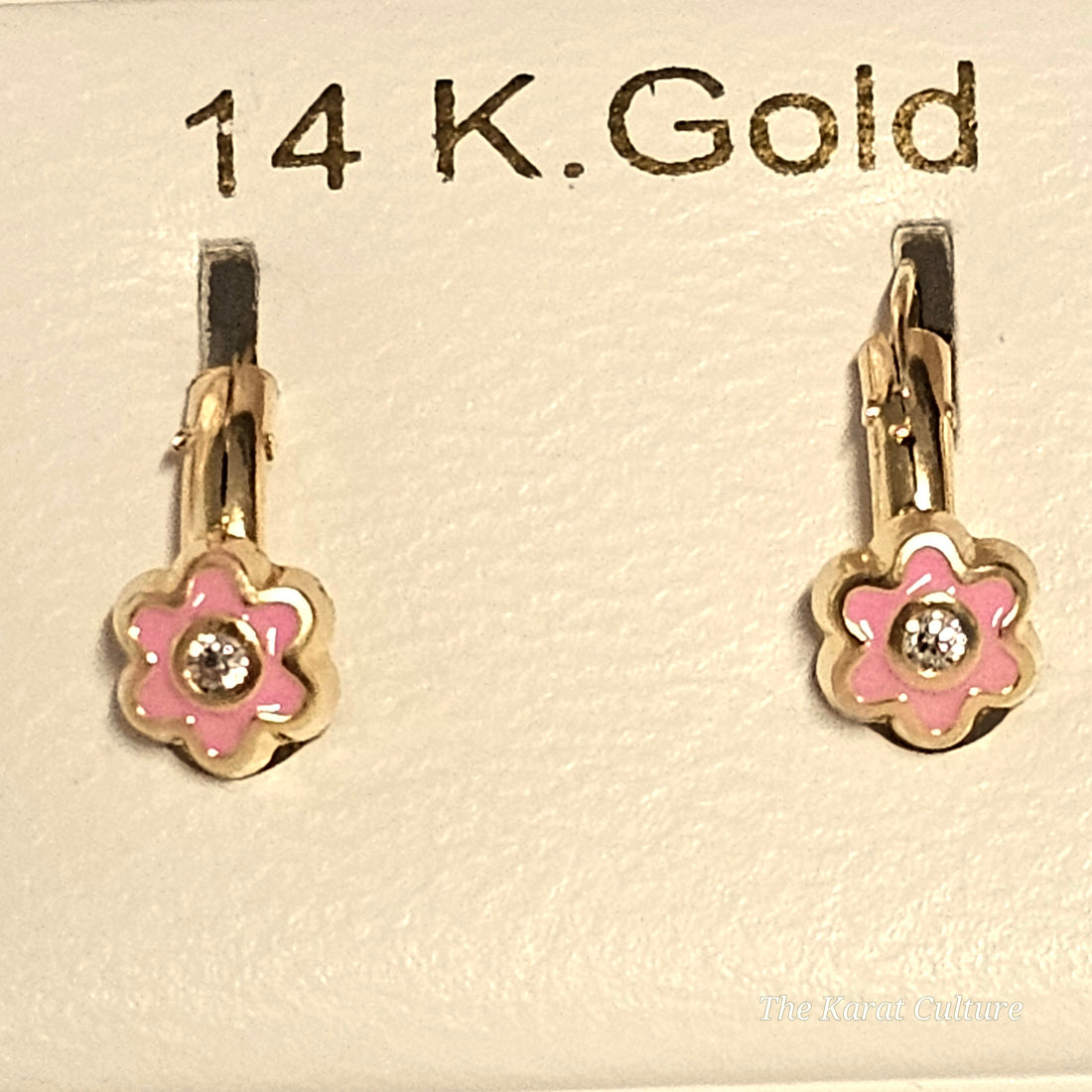 14K Solid Gold Pink Flower Enamel Hoop Earrings