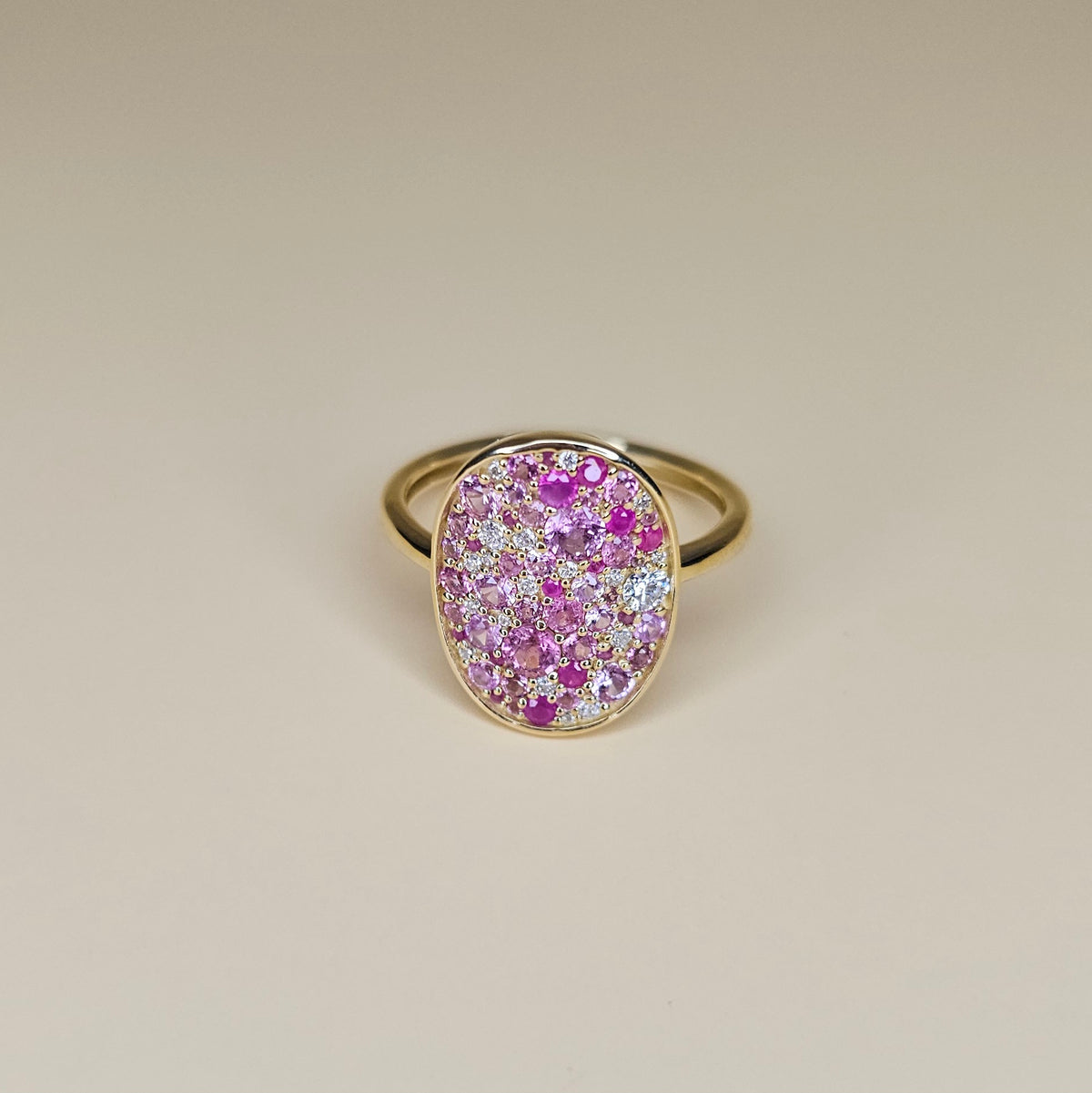 14K Solid Gold Ring with Natural Pink Sapphire, Pink Tourmalines and Lab-Grown Diamonds