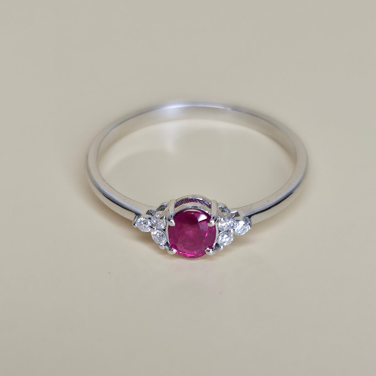 14K White Solid Gold Ring with Natural Ruby and Diamonds