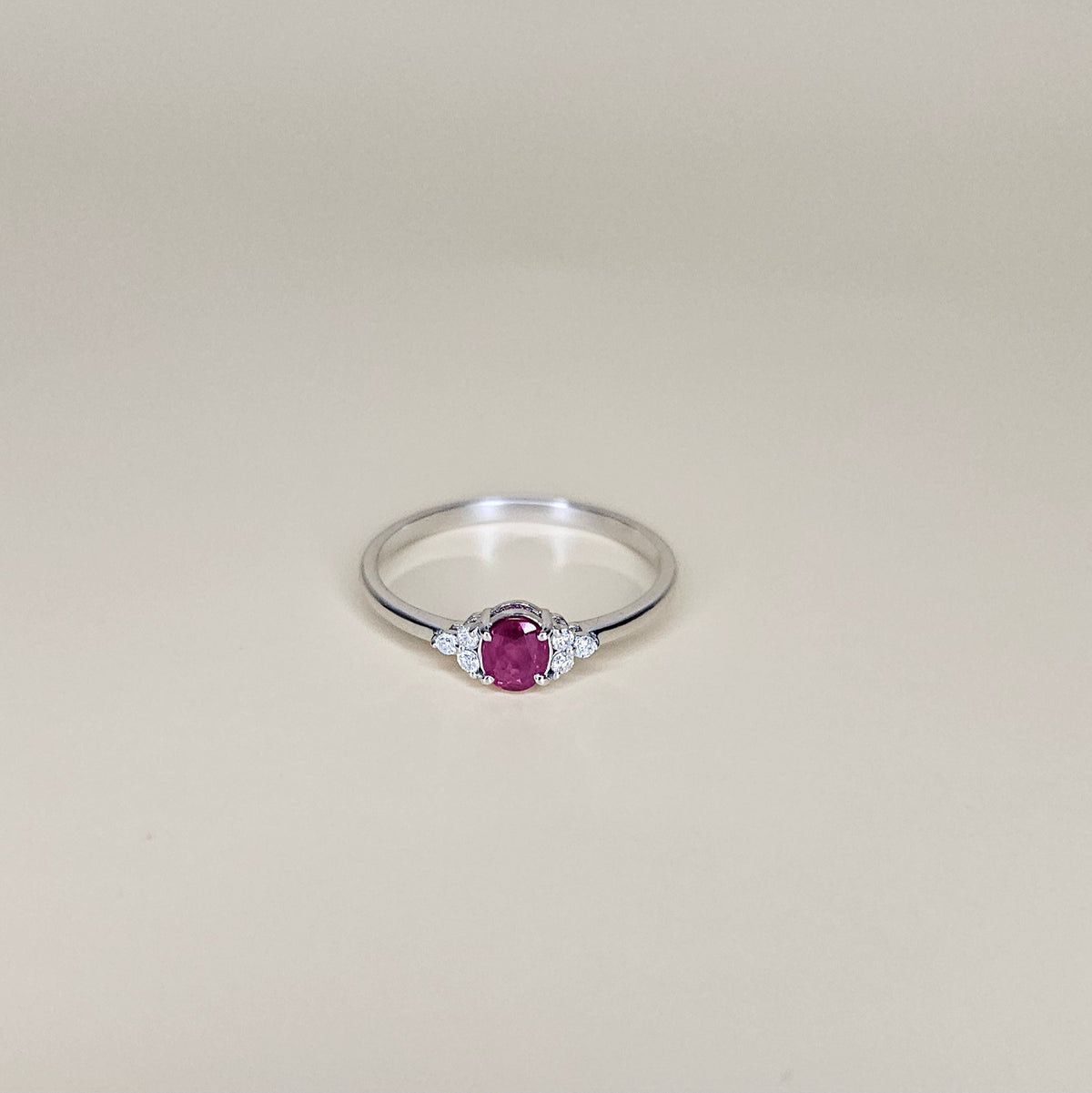 14K White Solid Gold Ring with Natural Ruby and Diamonds