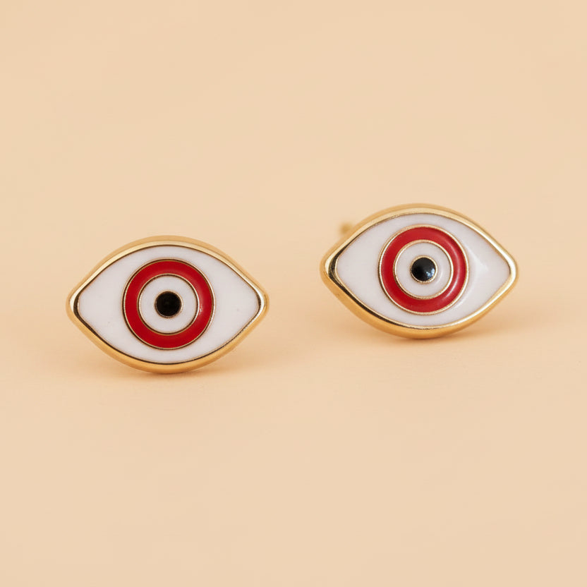 14K Solid Gold Red and White Evil Eye Enamel Ear Studs