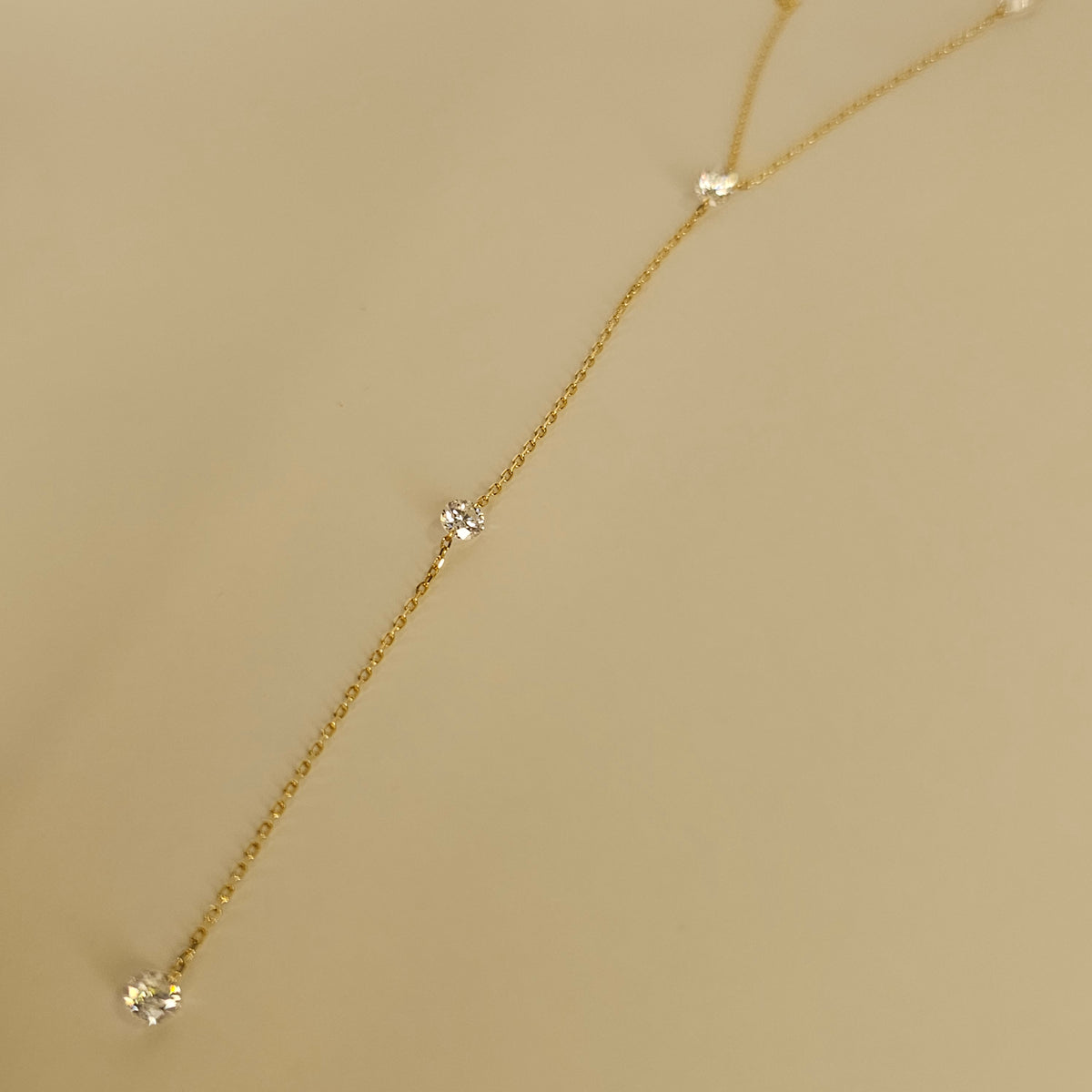 14K Solid Gold Lariat Necklace with Floating Drilled Lab-Grown Diamonds