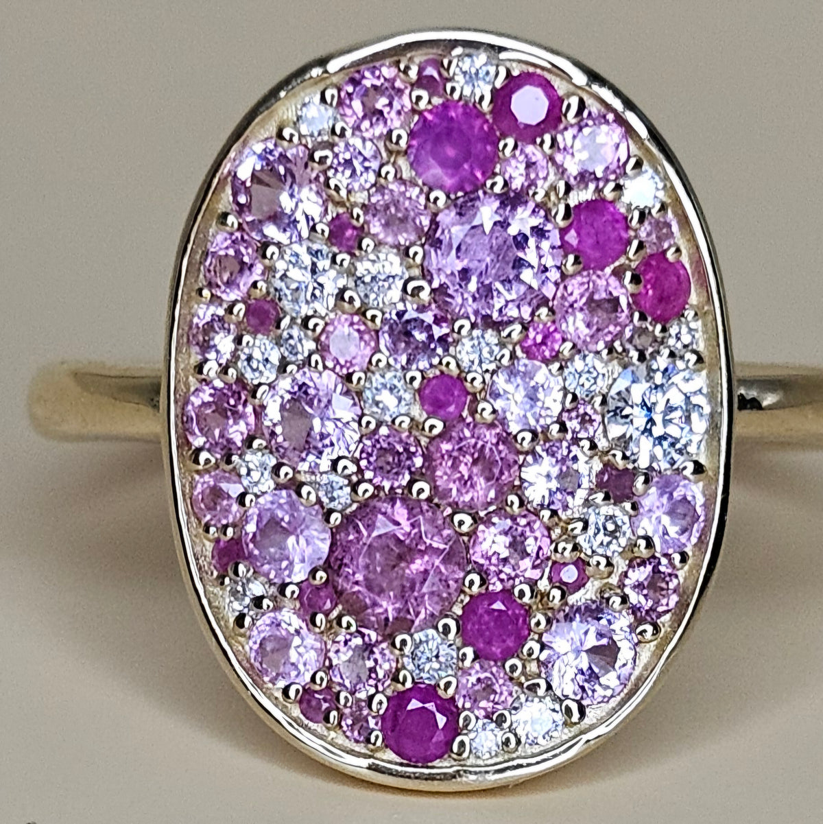 14K Solid Gold Ring with Natural Pink Sapphire, Pink Tourmalines and Lab-Grown Diamonds