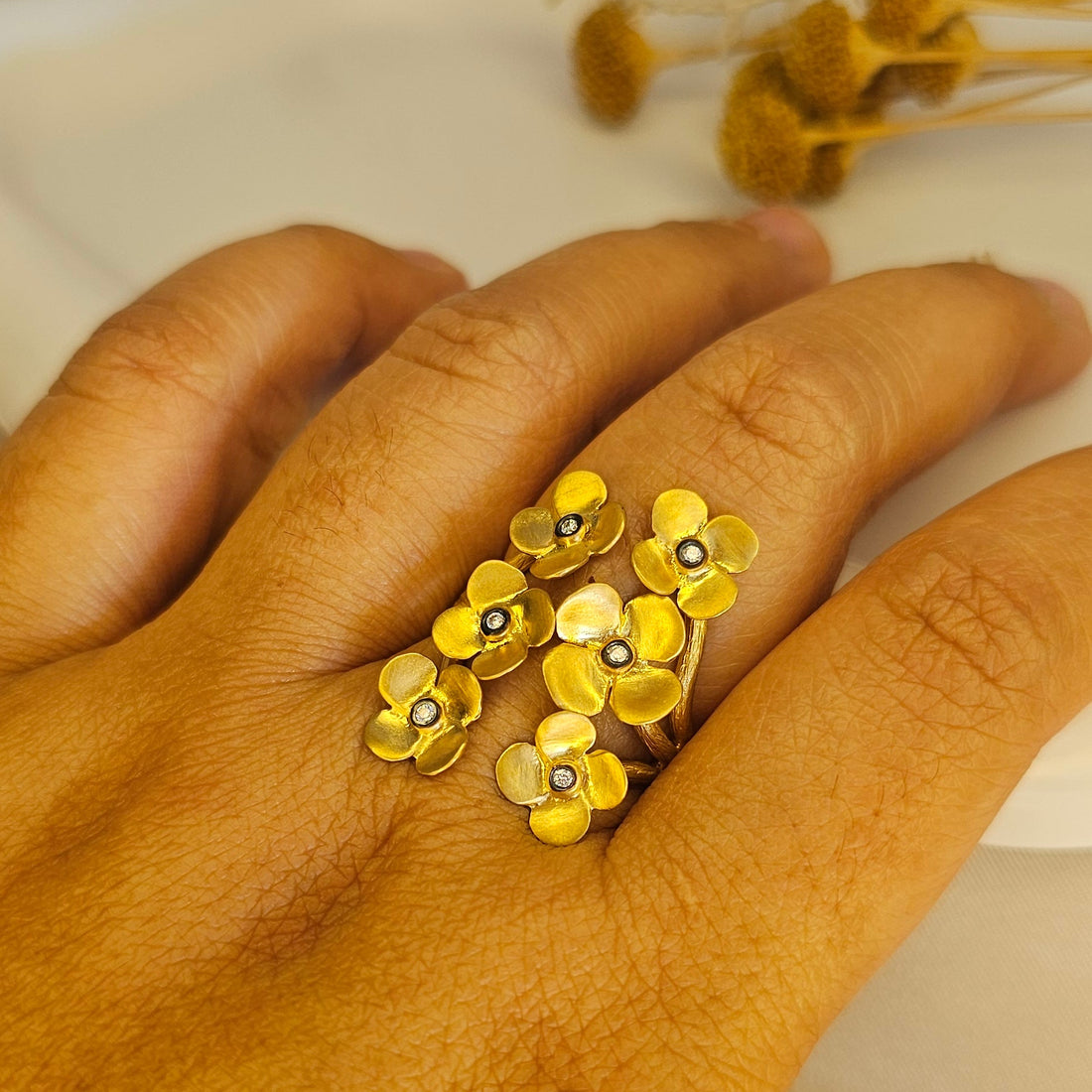 14K Solid Gold Kurtulan Mystic Flower Ring with Diamonds